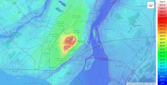 Montreal hoogte kaart
